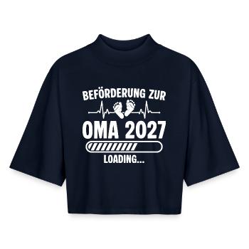 Annonce de la grossesse de la future grand-mère 2027 - T-shirt femme coupe boxy recyclé manches mi-longues Stanley/Stella - marine - Devant - AI Model Female 172 light (172cm)