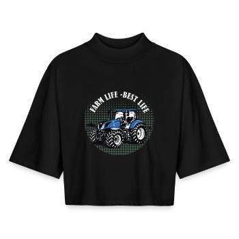Farm Life – Blauer Traktor Vintage Halftone - Boxy Frauen Recyceltes 1/2 Sleeved T-Shirt by Stanley/Stella - Schwarz - Vorne - AI Model Female 172 light (172cm)