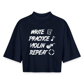 Practice writing, repeat violin - Boxy Women's Recycled 1/2 Sleeved T-Shirt by Stanley/Stella - navy - Front - AI Model Female 172 light (172cm)