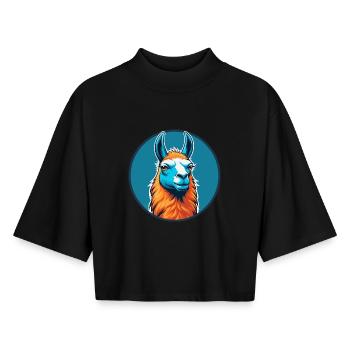 Llama Cute Kawaii Cartoon Clipart Animal Pet Logo - Boxy Women's Recycled 1/2 Sleeved T-Shirt by Stanley/Stella - black - Front - AI Model Female 172 light (172cm)