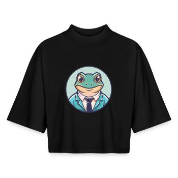 Frog Kawaii Cartoon Character Animal Pet Face - Boxy Women's Recycled 1/2 Sleeved T-Shirt by Stanley/Stella - black - Front - AI Model Female 172 light (172cm)