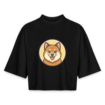 Spitz finlandais chien race dessin animé Kawaii Clipart animal de compagnie - T-shirt femme coupe boxy recyclé manches mi-longues Stanley/Stella - noir - Devant - AI Model Female 172 light (172cm)