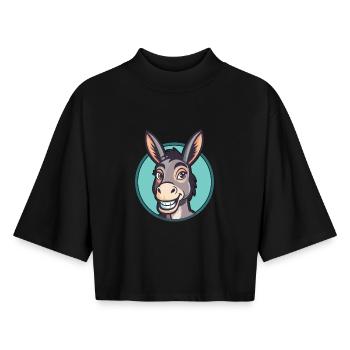 Donkey Kawaii Cartoon Character Animal Pet Face - Boxy Women's Recycled 1/2 Sleeved T-Shirt by Stanley/Stella - black - Front - AI Model Female 172 light (172cm)