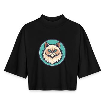 Colorpoint Persian Cat Breed Cartoon Kawaii Animal - Boxy Women's Recycled 1/2 Sleeved T-Shirt by Stanley/Stella - black - Front - AI Model Female 172 light (172cm)