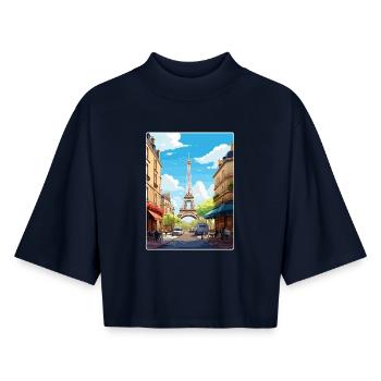 Paris France Affiche de voyage Souvenir Carte Postale Peinture - T-shirt femme coupe boxy recyclé manches mi-longues Stanley/Stella - marine - Devant - AI Model Female 172 light (172cm)