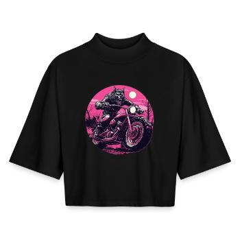 Werwolf auf Motorrad Neonpink - Boxy Frauen Recyceltes 1/2 Sleeved T-Shirt by Stanley/Stella - Schwarz - Vorne - AI Model Female 172 light (172cm)