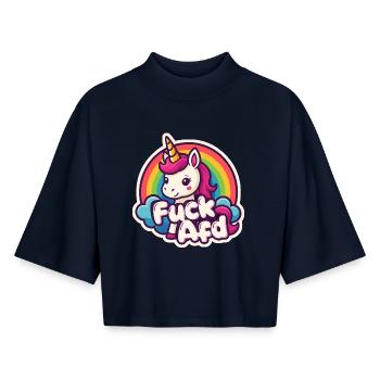 Unicorn FUCK AFD Unicorn Rainbow Sticker - Boxy Women's Recycled 1/2 Sleeved T-Shirt by Stanley/Stella - navy - Front - AI Model Female 172 light (172cm)
