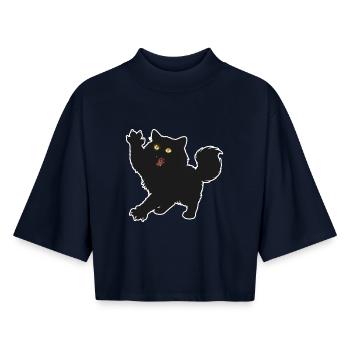 Black Kitten Fluffy Long Haired Fun Portrait - Boxy Women's Recycled 1/2 Sleeved T-Shirt by Stanley/Stella - navy - Front - AI Model Female 172 light (172cm)