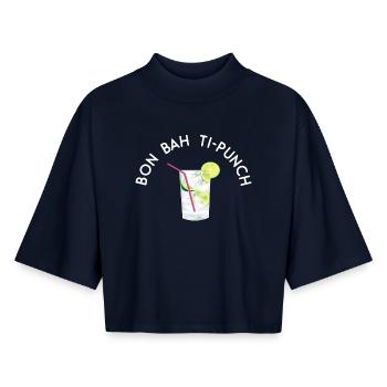 Bon bah Ti-punch - texte blanc  - T-shirt femme coupe boxy recyclé manches mi-longues Stanley/Stella - marine - Devant - AI Model Female 172 light (172cm)