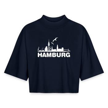 Silhouette de la ligne d’horizon de Hambourg - T-shirt femme coupe boxy recyclé manches mi-longues Stanley/Stella - marine - Devant - AI Model Female 172 light (172cm)