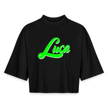 Luca Leuchtender Neon-Lettering Schriftzug - Boxy Frauen Recyceltes 1/2 Sleeved T-Shirt by Stanley/Stella - Schwarz - Vorne - AI Model Female 172 light (172cm)