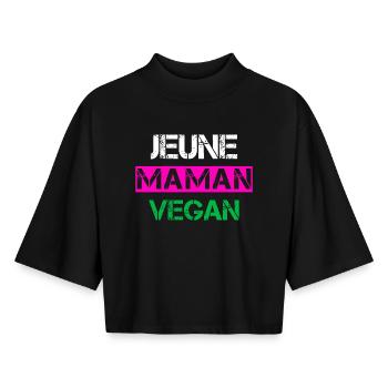 Jeune Maman Vegan - T-shirt femme coupe boxy recyclé manches mi-longues Stanley/Stella - noir - Devant - AI Model Female 172 light (172cm)