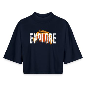 Explorer le lever du soleil en forêt - T-shirt femme coupe boxy recyclé manches mi-longues Stanley/Stella - marine - Devant - AI Model Female 172 light (172cm)