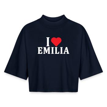 t-shirt J’aime Emilia idée cadeau t-shirt - T-shirt femme coupe boxy recyclé manches mi-longues Stanley/Stella - marine - Devant - AI Model Female 172 light (172cm)