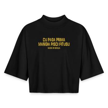 Trinacria t-shirt Sicily Sicilian proverb - Boxy Women's Recycled 1/2 Sleeved T-Shirt by Stanley/Stella - black - Front - AI Model Female 172 light (172cm)