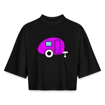 Caravan Caravan Camping Camper wallpaper pink retro - Boxy Women's Recycled 1/2 Sleeved T-Shirt by Stanley/Stella - black - Front - AI Model Female 172 light (172cm)