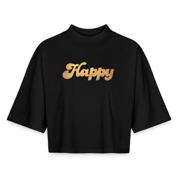 Happy Gold Squiggles Cursive Happiness Quotes - Boxy Women's Recycled 1/2 Sleeved T-Shirt by Stanley/Stella - black - Front - AI Model Female 172 light (172cm)