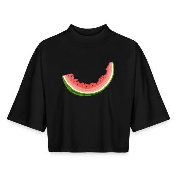 bitten watermelon as a funny summer motif - Boxy Women's Recycled 1/2 Sleeved T-Shirt by Stanley/Stella - black - Front - AI Model Female 172 light (172cm)