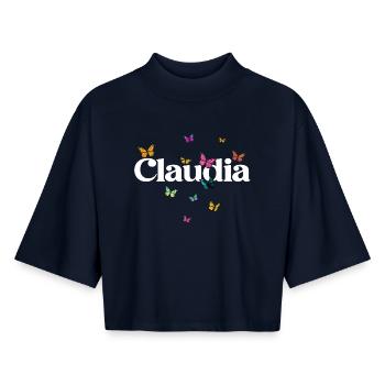 Beau prénom de fille CLAUDIA avec des papillons - T-shirt femme coupe boxy recyclé manches mi-longues Stanley/Stella - marine - Devant - AI Model Female 172 light (172cm)