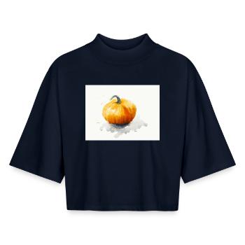 Citrouille lanterne Jack’o - Peinture à l’aquarelle peinte à la main - T-shirt femme coupe boxy recyclé manches mi-longues Stanley/Stella - marine - Devant - AI Model Female 172 light (172cm)