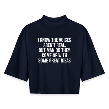 I know the voices aren't real but you do them - Boxy Women's Recycled 1/2 Sleeved T-Shirt by Stanley/Stella - navy - Front - AI Model Female 172 light (172cm)