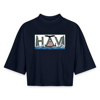 Havets Viking - Le Viking de la mer - T-shirt femme coupe boxy recyclé manches mi-longues Stanley/Stella - marine - Devant - AI Model Female 172 light (172cm)