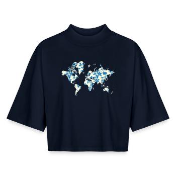 World Map Blue Flowers - Boxy Women's Recycled 1/2 Sleeved T-Shirt by Stanley/Stella - navy - Front - AI Model Female 172 light (172cm)
