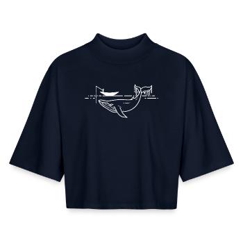 Minimal Whale Line Art on Sea - Boxy Women's Recycled 1/2 Sleeved T-Shirt by Stanley/Stella - navy - Front - AI Model Female 172 light (172cm)