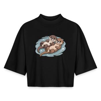 Couple de loutres mignons - T-shirt femme coupe boxy recyclé manches mi-longues Stanley/Stella - noir - Devant - AI Model Female 172 light (172cm)
