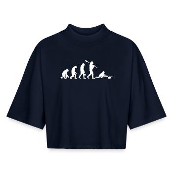 Évolution du curling : Art drôle des sports d’hiver - T-shirt femme coupe boxy recyclé manches mi-longues Stanley/Stella - marine - Devant - AI Model Female 172 light (172cm)
