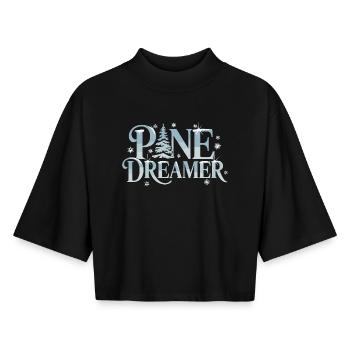  Pine Dreamer Winter Tanne Schneeflocken Wald - Boxy Frauen Recyceltes 1/2 Sleeved T-Shirt by Stanley/Stella - Schwarz - Vorne - AI Model Female 172 light (172cm)