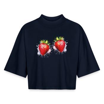 Water-coloured strawberries - Boxy Women's Recycled 1/2 Sleeved T-Shirt by Stanley/Stella - navy - Front - AI Model Female 172 light (172cm)