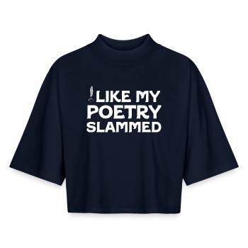 Bold Quill Poetry Slam Graphic Tee - Boxy Frauen Recyceltes 1/2 Sleeved T-Shirt by Stanley/Stella - Navy - Vorne - AI Model Female 172 light (172cm)