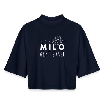 Milo geht Gassi Namensshirt Hundepfote Hundeleine - Boxy Frauen Recyceltes 1/2 Sleeved T-Shirt by Stanley/Stella - Navy - Vorne - AI Model Female 172 light (172cm)