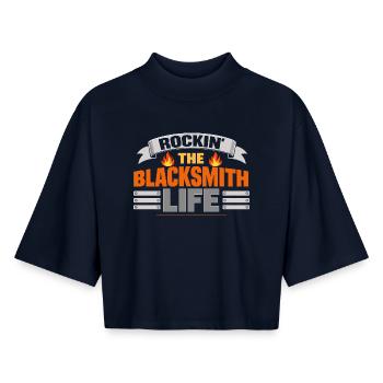 Rockin The Blacksmith Life Blacksmith Spell Fire - Boxy Women's Recycled 1/2 Sleeved T-Shirt by Stanley/Stella - navy - Front - AI Model Female 172 light (172cm)