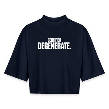 Certified Degenerate - Funny Gen Alpha Memes - Boxy Women's Recycled 1/2 Sleeved T-Shirt by Stanley/Stella - navy - Front - AI Model Female 172 light (172cm)