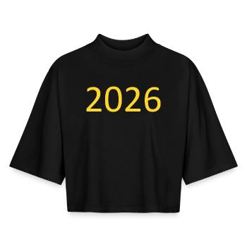 2026 gelb Vorlage selbst gestalten personalisieren - Boxy Frauen Recyceltes 1/2 Sleeved T-Shirt by Stanley/Stella - Schwarz - Vorne - AI Model Female 172 light (172cm)