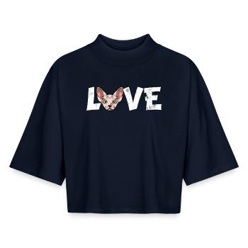 Sphynx Cat Love Chaten Less Hair Art Cat Mom Papa - T-shirt femme coupe boxy recyclé manches mi-longues Stanley/Stella - marine - Devant - AI Model Female 172 light (172cm)