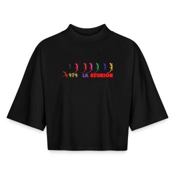 Geckos Arc ciel 974 Réunion - T-shirt femme coupe boxy recyclé manches mi-longues Stanley/Stella - noir - Devant - AI Model Female 172 light (172cm)