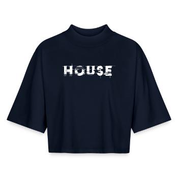 House design glitch, for DJ EDM Techno House - Boxy Women's Recycled 1/2 Sleeved T-Shirt by Stanley/Stella - navy - Front - AI Model Female 172 light (172cm)