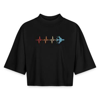 Airplane Heartbeat Pilot Aviation Aviator - Boxy Women's Recycled 1/2 Sleeved T-Shirt by Stanley/Stella - black - Front - AI Model Female 172 light (172cm)