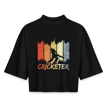 Retro Cricketer - Boxy Women's Recycled 1/2 Sleeved T-Shirt by Stanley/Stella - black - Front - AI Model Female 172 light (172cm)