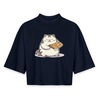 Le gros chat blanc aime sa pizza plus que tout - T-shirt femme coupe boxy recyclé manches mi-longues Stanley/Stella - marine - Devant - AI Model Female 172 light (172cm)