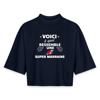 Humour Marraine  et Sportif Unique - T-shirt femme coupe boxy recyclé manches mi-longues Stanley/Stella - marine - Devant - AI Model Female 172 light (172cm)