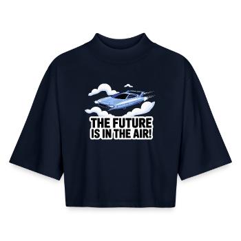 Conception de voiture volante rétro-futuriste - T-shirt femme coupe boxy recyclé manches mi-longues Stanley/Stella - marine - Devant - AI Model Female 172 light (172cm)