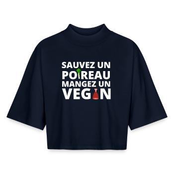végan, végan humour, végétarien - T-shirt femme coupe boxy recyclé manches mi-longues Stanley/Stella - marine - Devant - AI Model Female 172 light (172cm)