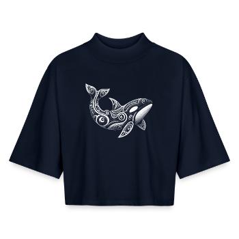 Orca Tribal Maori Schwertwal Taucher - Boxy Frauen Recyceltes 1/2 Sleeved T-Shirt by Stanley/Stella - Navy - Vorne - AI Model Female 172 light (172cm)