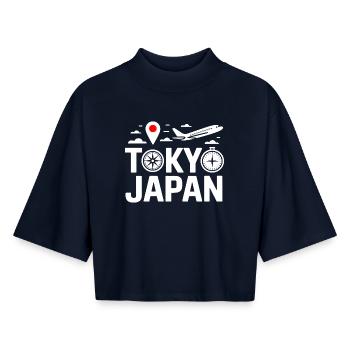 Motif du voyage urbain Tokyo au Japon - T-shirt femme coupe boxy recyclé manches mi-longues Stanley/Stella - marine - Devant - AI Model Female 172 light (172cm)