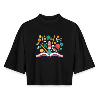 Livre ouvert avec des objets scolaires, apprendre et éduquer - T-shirt femme coupe boxy recyclé manches mi-longues Stanley/Stella - noir - Devant - AI Model Female 172 light (172cm)
