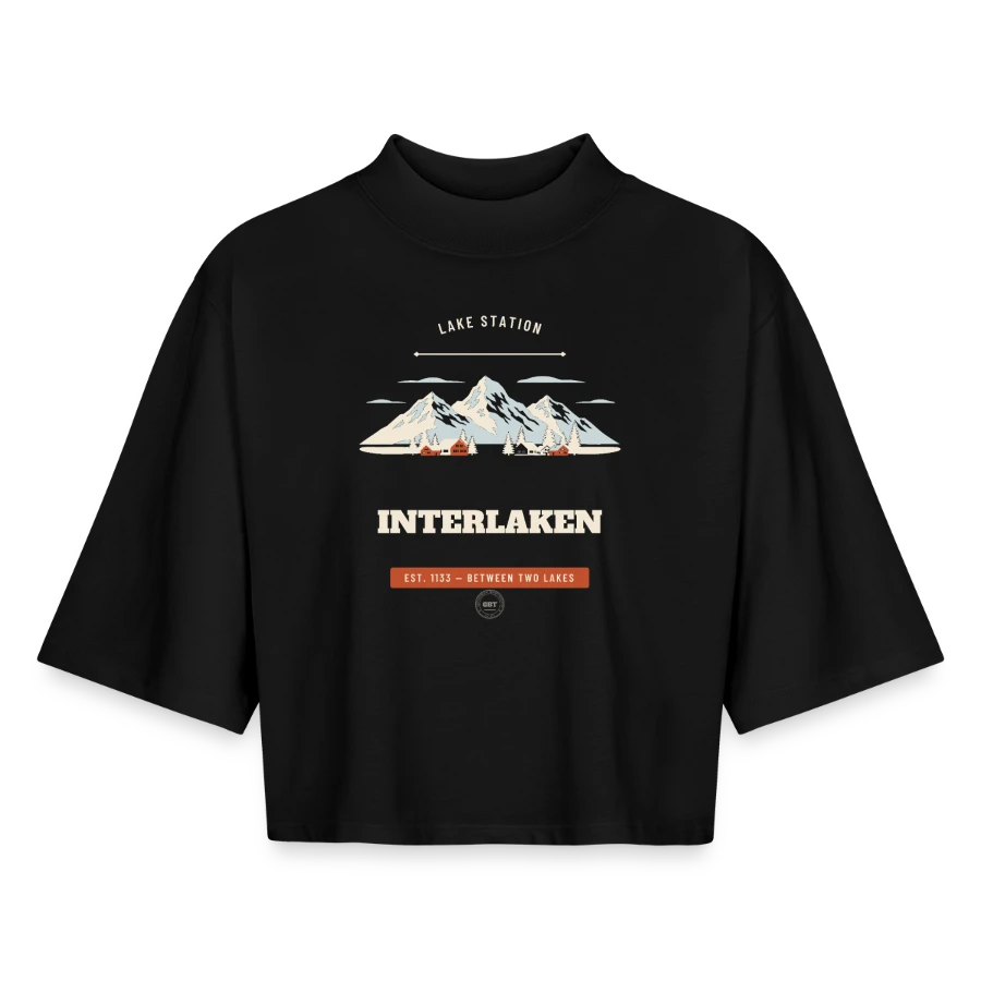 Interlaken badge on a boxy women's recycled 1/2 sleeved t-shirt by stanley/stella, black